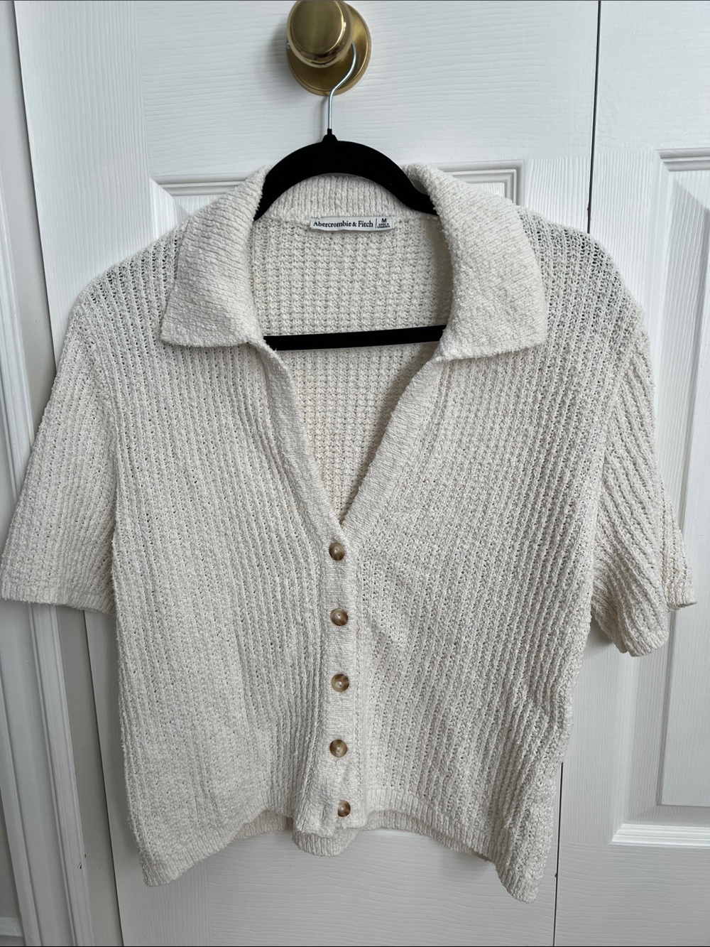 Abercrombie & Fitch Cream Short-Sleeve Knit Button-Front Cardigan